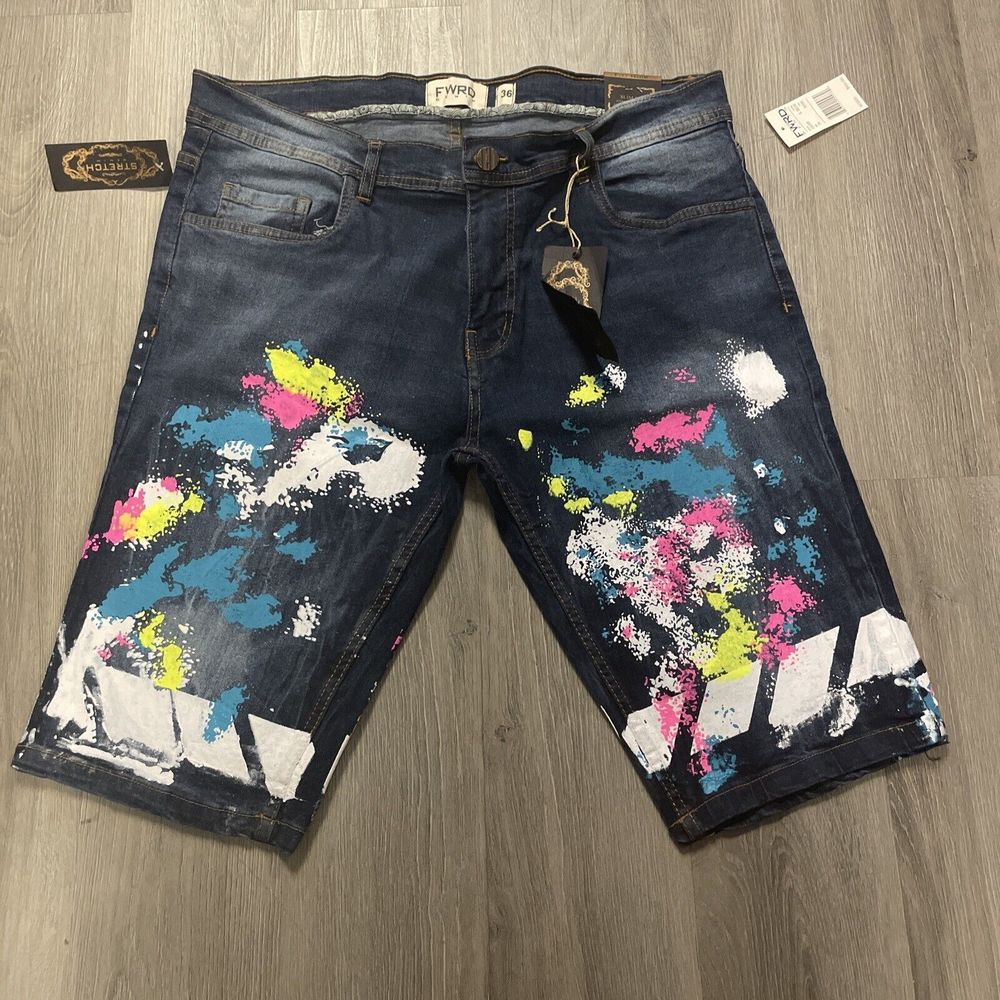 FWRD DENIM DARK WASH BLUE SPLATTER MENS SHORTS SIZE 36 NEW RETAIL 60